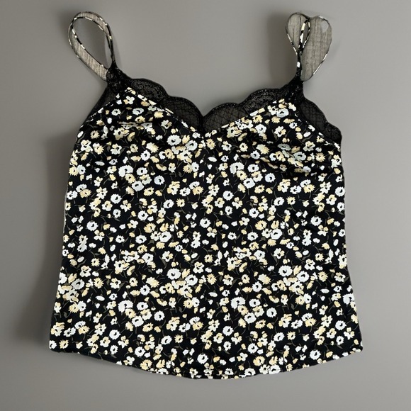 Abercrombie & Fitch Floral Cami Top Lace Trim Black Yellow Cute Tank Size S - Picture 1 of 5
